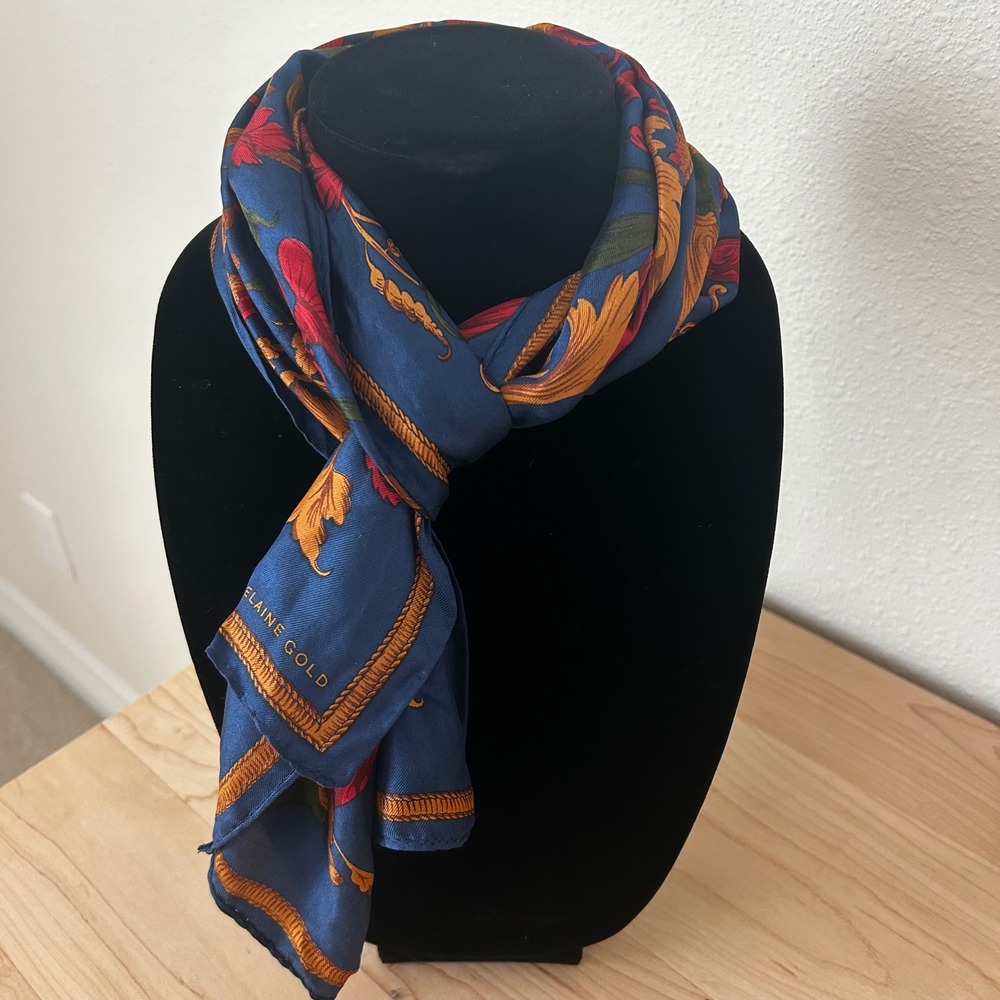 Elaine Gold Silk Scarf Navy Blue Baroque Floral Gold Red Made in Japan 10x52